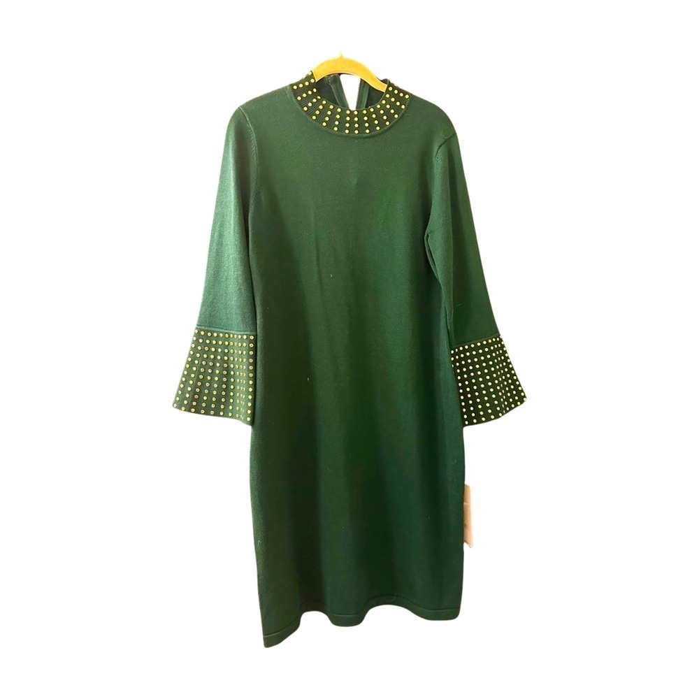 Calvin Klein Long Sleeve Green Mock Neck Sheath Dress With Gold Studs-NWT-L - Picture 2 of 15
